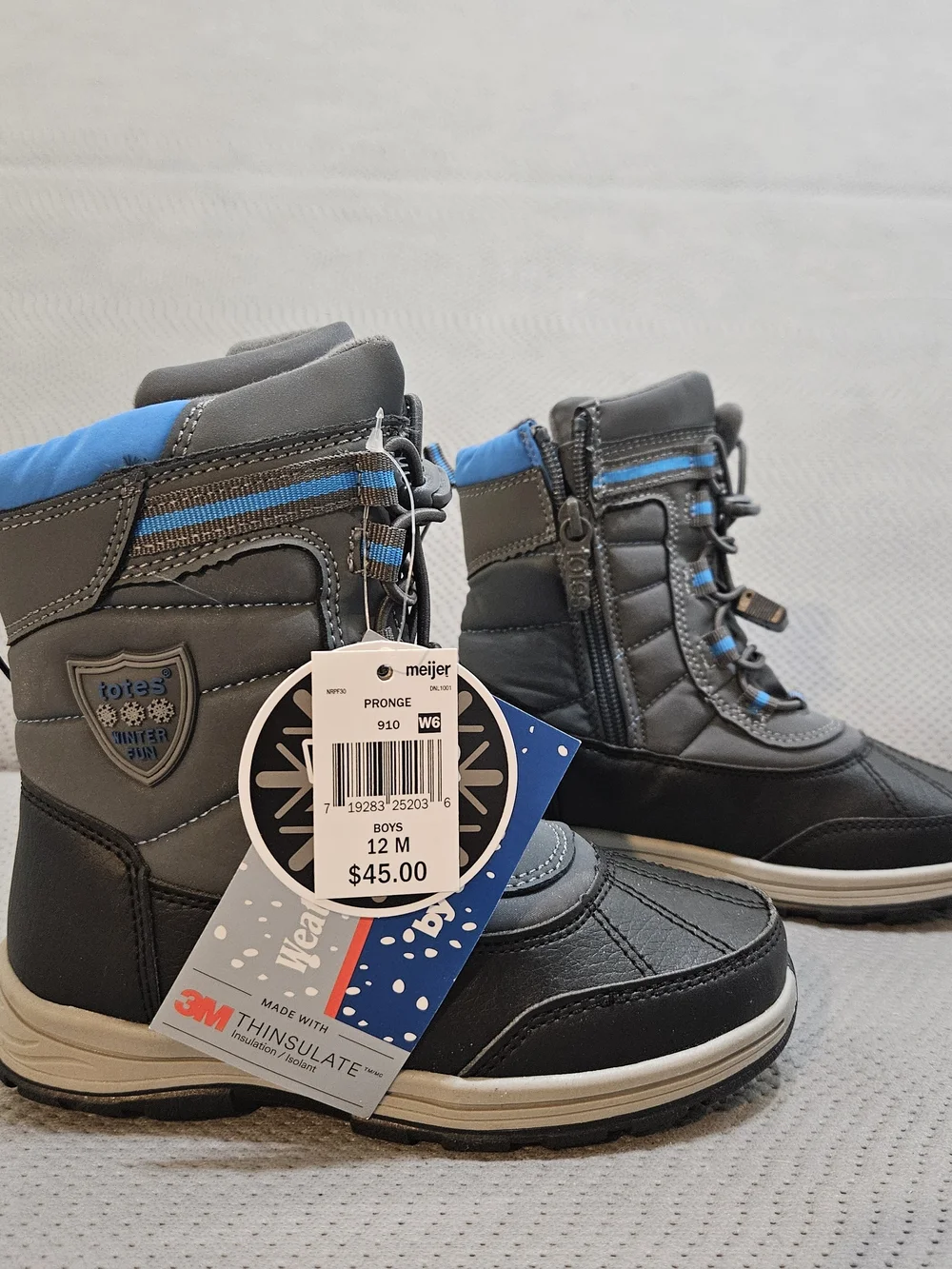 Totes Kids Waterproof Winter Boots - Gray with Blue Accents